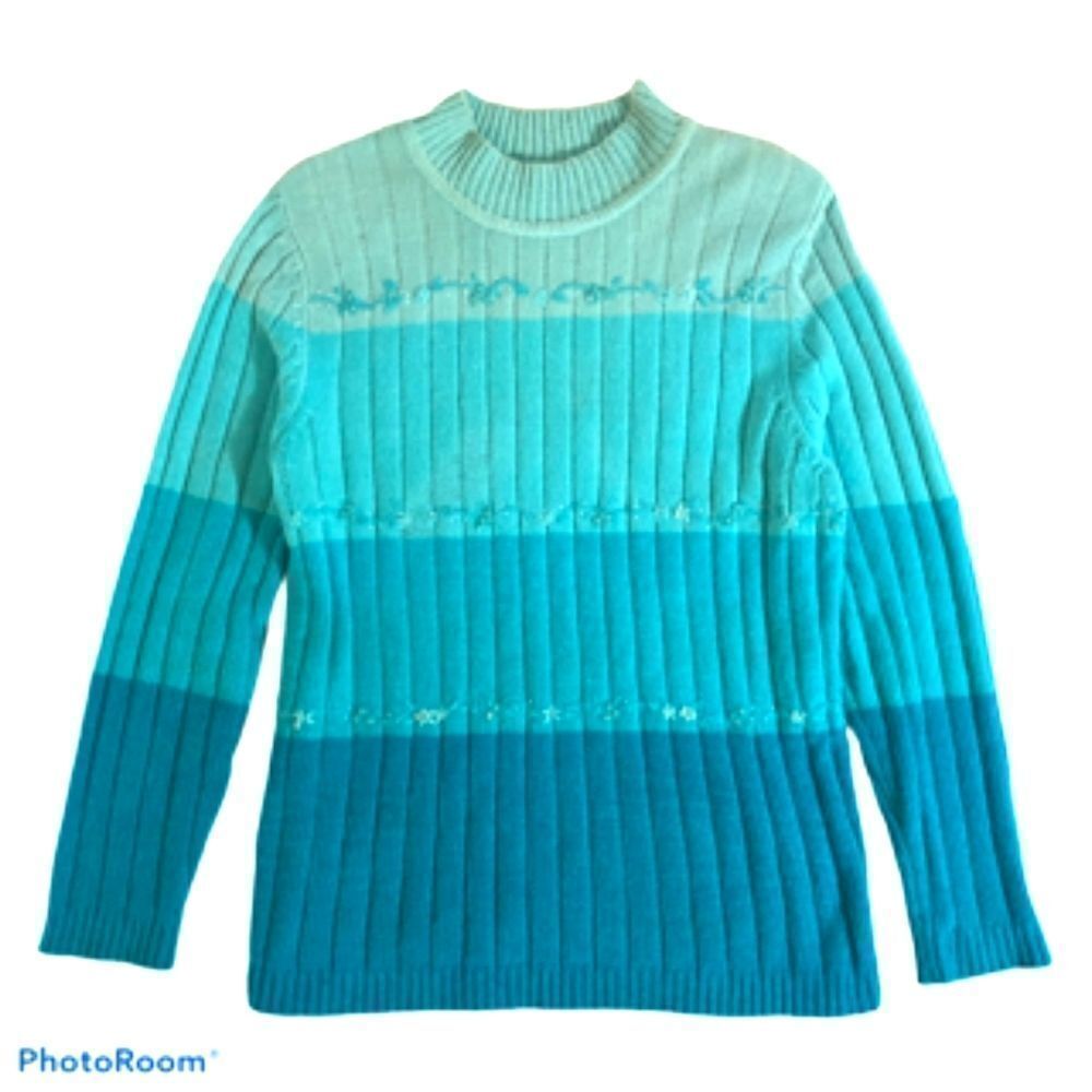 Vintage Aquamarine Cozy Knit Sweater with Embellishments